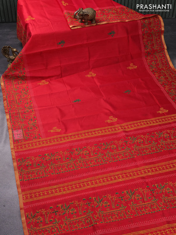 Silk cotton block printed saree red with warli butta prints and piping zari woven border