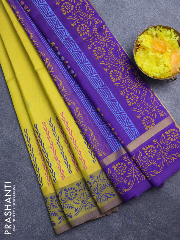 Silk cotton block printed saree yellow and blue with butta prints and zari woven simple border