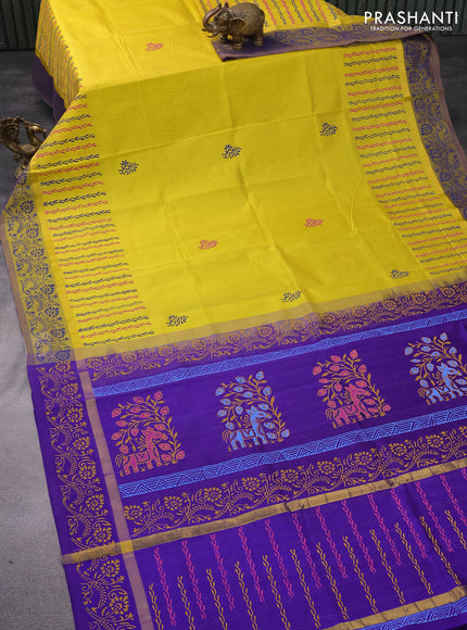 Silk cotton block printed saree yellow and blue with butta prints and zari woven simple border