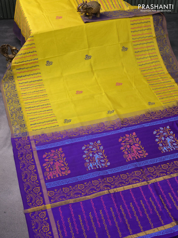 Silk cotton block printed saree yellow and blue with butta prints and zari woven simple border