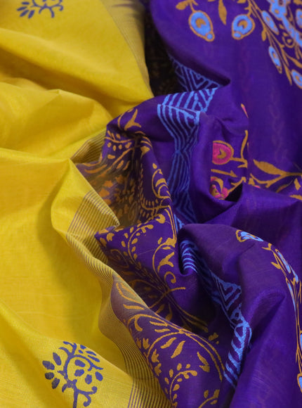 Silk cotton block printed saree yellow and blue with butta prints and zari woven simple border