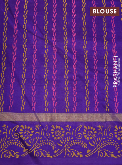 Silk cotton block printed saree yellow and blue with butta prints and zari woven simple border