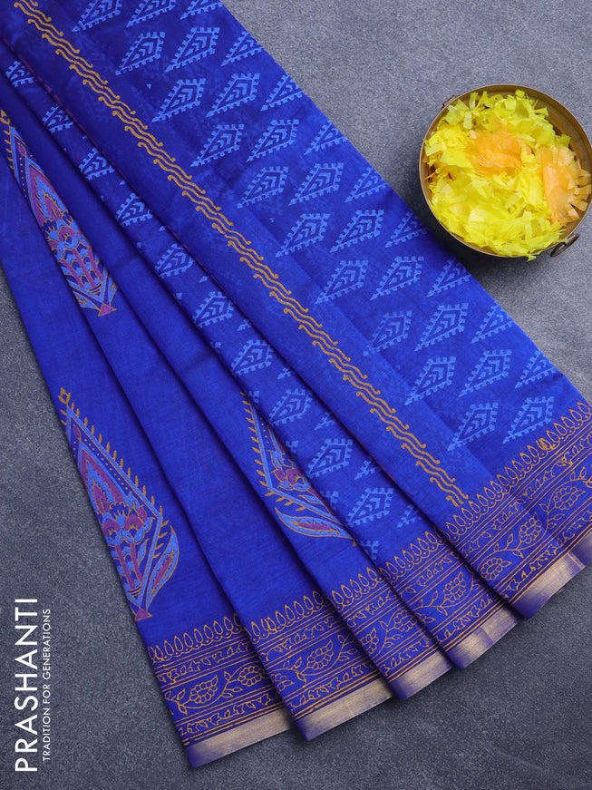 Silk cotton block printed saree blue with butta prints and piping zari woven border