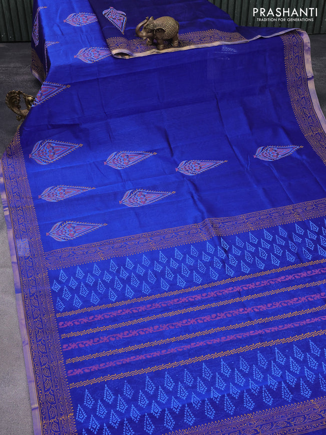 Silk cotton block printed saree blue with butta prints and piping zari woven border