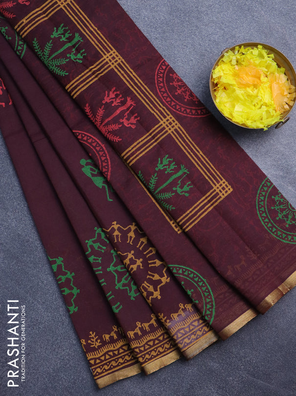 Silk cotton block printed saree deep maroon with warli butta prints and piping zari woven border