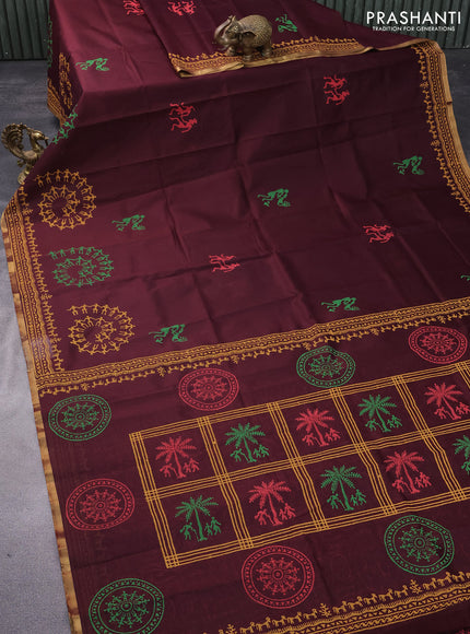 Silk cotton block printed saree deep maroon with warli butta prints and piping zari woven border