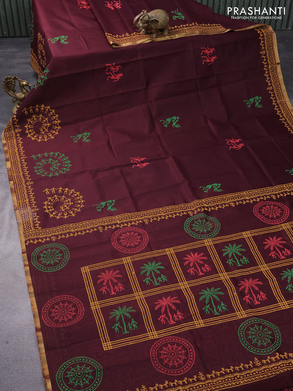 Silk cotton block printed saree deep maroon with warli butta prints and piping zari woven border