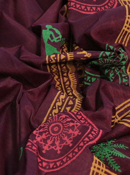 Silk cotton block printed saree deep maroon with warli butta prints and piping zari woven border