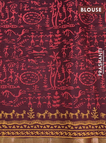 Silk cotton block printed saree deep maroon with warli butta prints and piping zari woven border