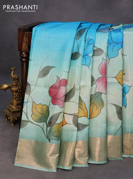 Pure tussar silk saree blue shade with hand painted kalamkari prints and zari woven border