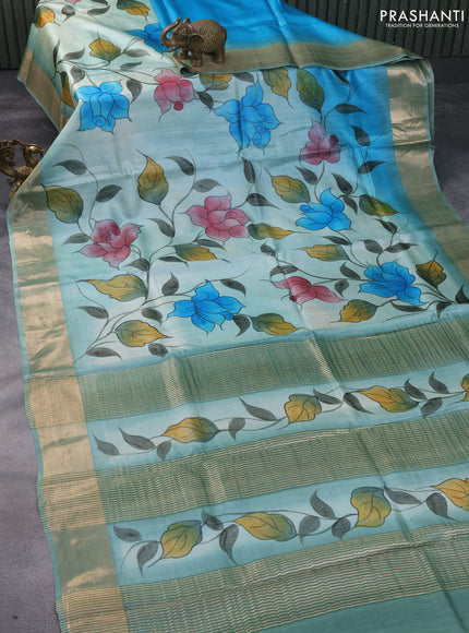 Pure tussar silk saree blue shade with hand painted kalamkari prints and zari woven border