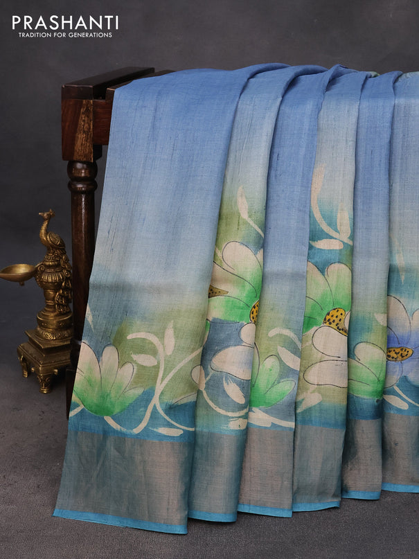 Pure tussar silk saree blue shade with hand painted kalamkari prints and zari woven border