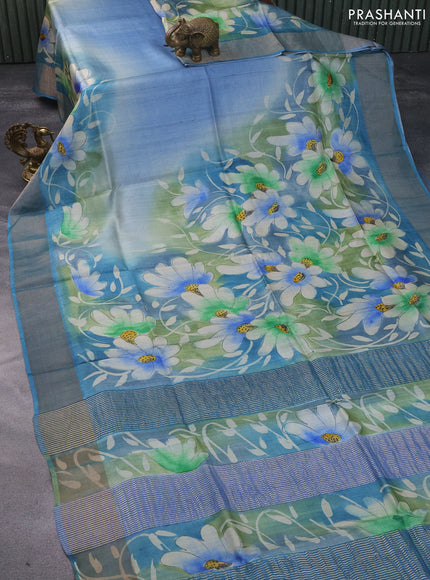 Pure tussar silk saree blue shade with hand painted kalamkari prints and zari woven border