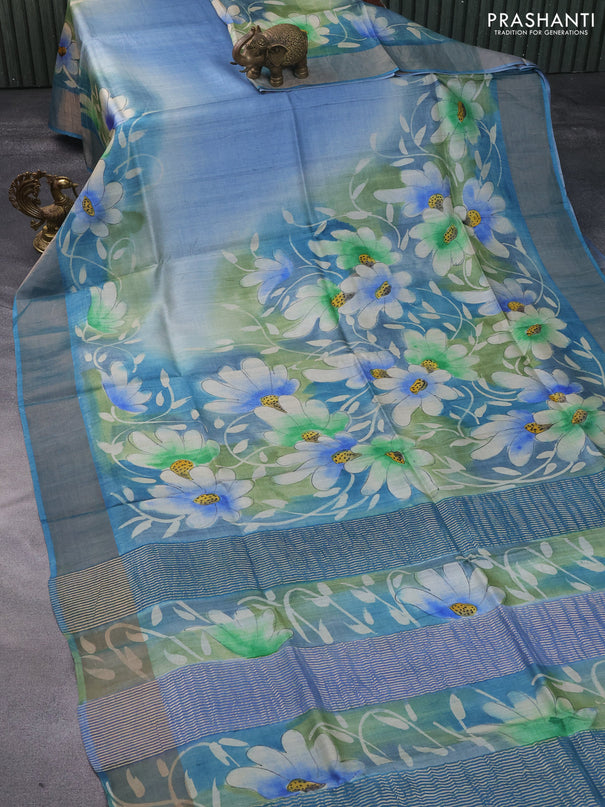 Pure tussar silk saree blue shade with hand painted kalamkari prints and zari woven border