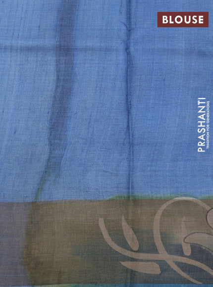 Pure tussar silk saree blue shade with hand painted kalamkari prints and zari woven border