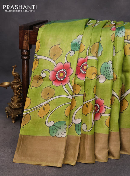 Pure tussar silk saree light green with hand painted kalamkari prints and zari woven border