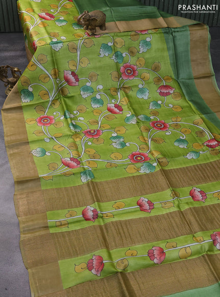 Pure tussar silk saree light green with hand painted kalamkari prints and zari woven border