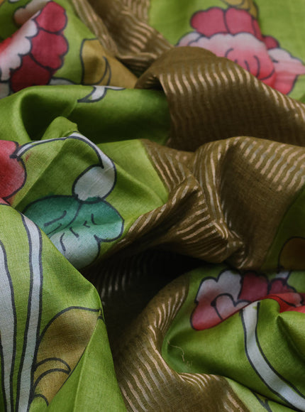 Pure tussar silk saree light green with hand painted kalamkari prints and zari woven border