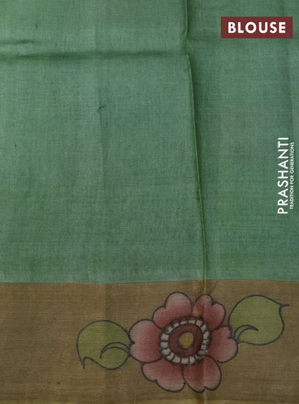 Pure tussar silk saree light green with hand painted kalamkari prints and zari woven border