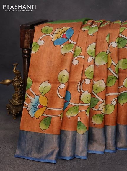 Pure tussar silk saree orange and blue with hand painted kalamkari prints and zari woven border