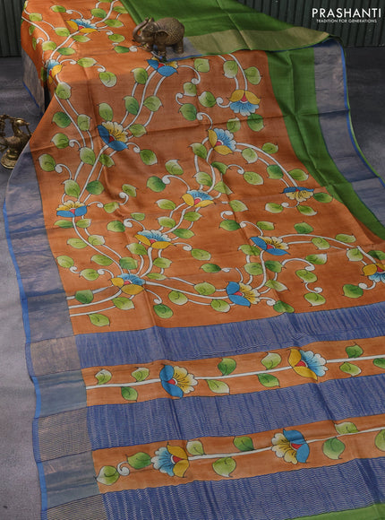 Pure tussar silk saree orange and blue with hand painted kalamkari prints and zari woven border