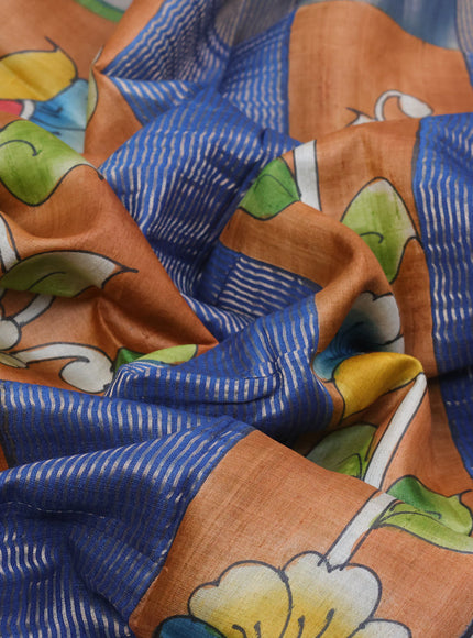 Pure tussar silk saree orange and blue with hand painted kalamkari prints and zari woven border