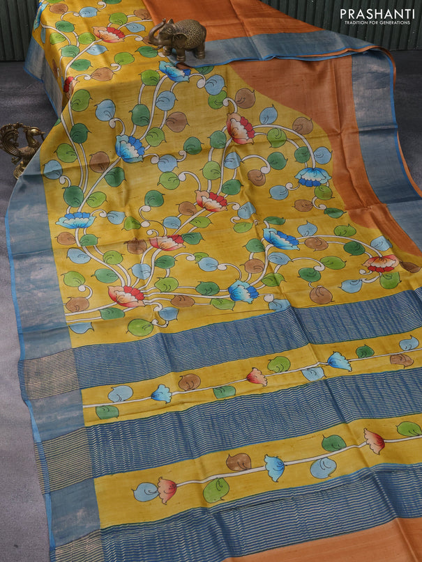 Pure tussar silk saree yellow and blue with hand painted kalamkari prints and zari woven border