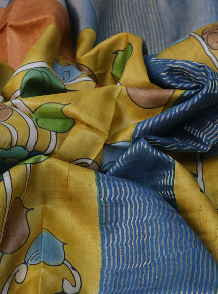 Pure tussar silk saree yellow and blue with hand painted kalamkari prints and zari woven border