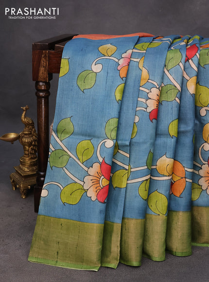 Pure tussar silk saree blue and green with hand painted kalamkari prints and zari woven border