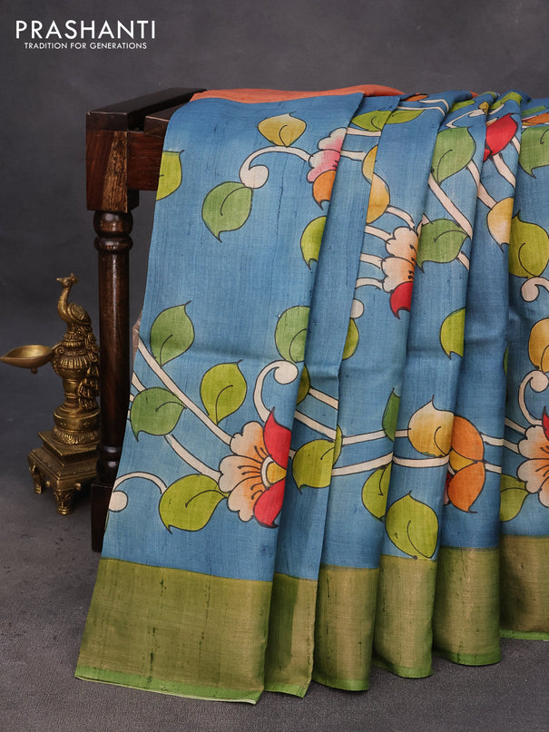 Pure tussar silk saree blue and green with hand painted kalamkari prints and zari woven border