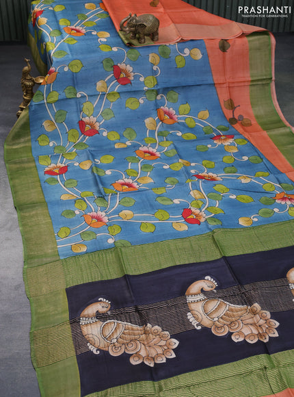 Pure tussar silk saree blue and green with hand painted kalamkari prints and zari woven border