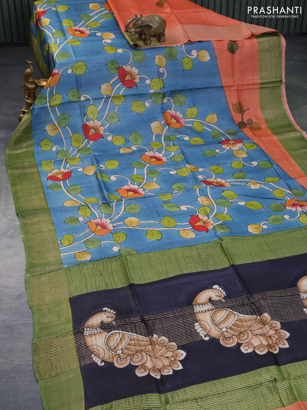 Pure tussar silk saree blue and green with hand painted kalamkari prints and zari woven border