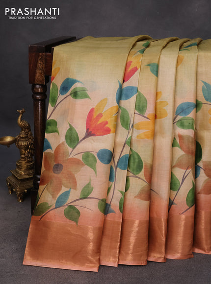 Pure tussar silk saree mehendi green and peach shade with hand painted floral prints and zari woven border