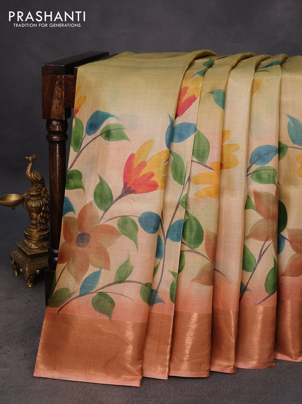 Pure tussar silk saree mehendi green and peach shade with hand painted floral prints and zari woven border