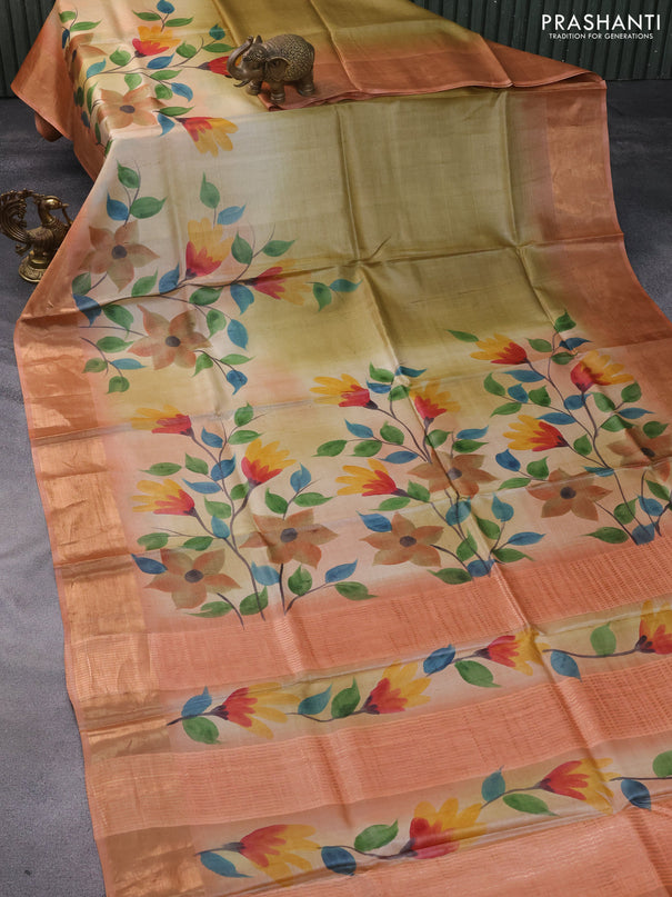 Pure tussar silk saree mehendi green and peach shade with hand painted floral prints and zari woven border