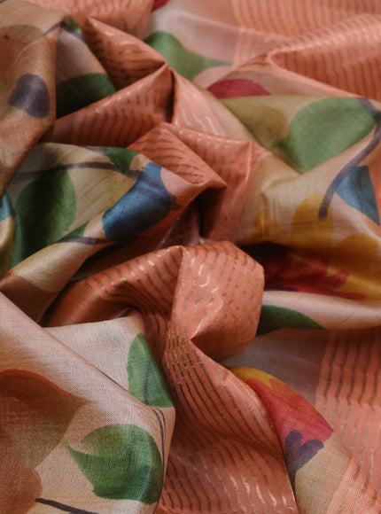 Pure tussar silk saree mehendi green and peach shade with hand painted floral prints and zari woven border