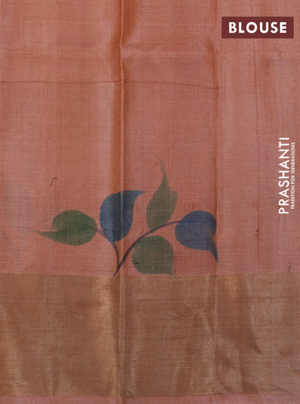 Pure tussar silk saree mehendi green and peach shade with hand painted floral prints and zari woven border