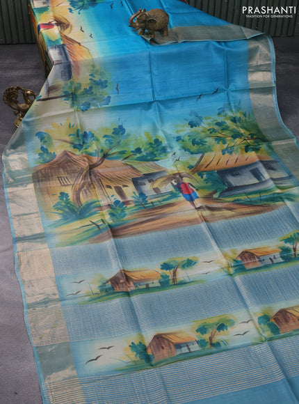 Pure tussar silk saree light blue and teal blue with hand painted prints and zari woven border