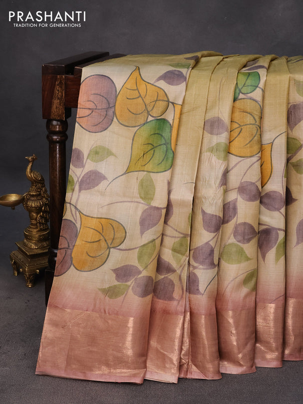 Pure tussar silk saree pastel blue and pastel brown with hand painted prints and zari woven border