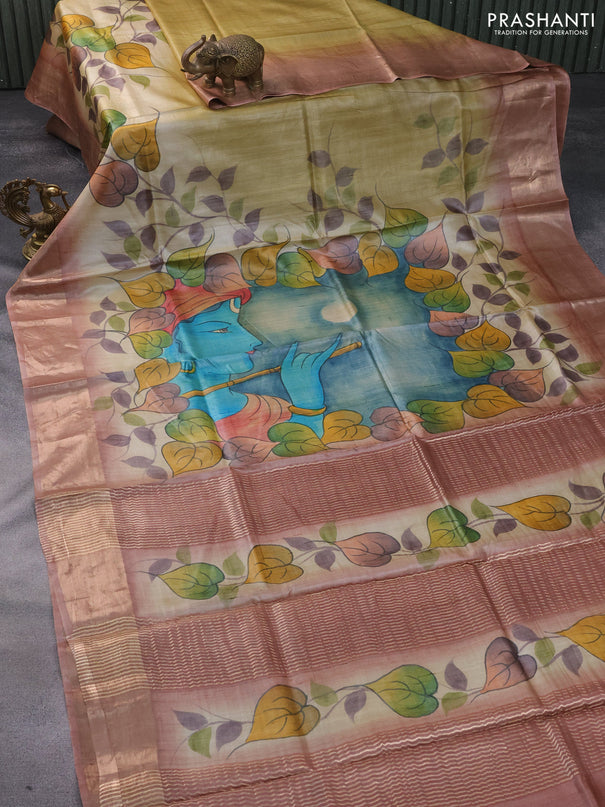 Pure tussar silk saree pastel blue and pastel brown with hand painted prints and zari woven border