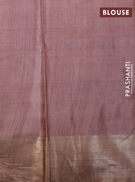 Pure tussar silk saree pastel blue and pastel brown with hand painted prints and zari woven border