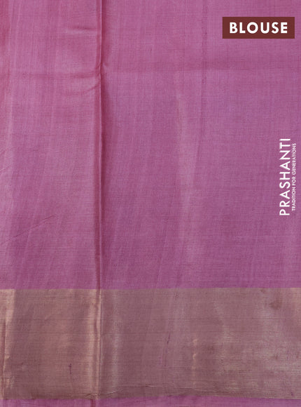 Pure tussar silk saree sandal and mauve pink with hand painted floral prints and zari woven border