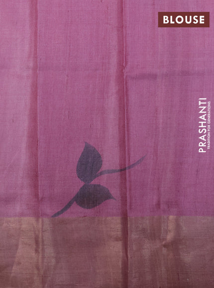 Pure tussar silk saree sandal and pastel pink with hand painted floral prints and zari woven border