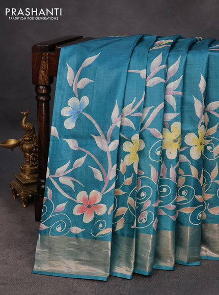 Pure tussar silk saree teal green with hand painted floral prints and zari woven border