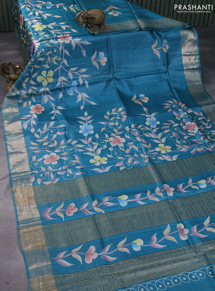 Pure tussar silk saree teal green with hand painted floral prints and zari woven border