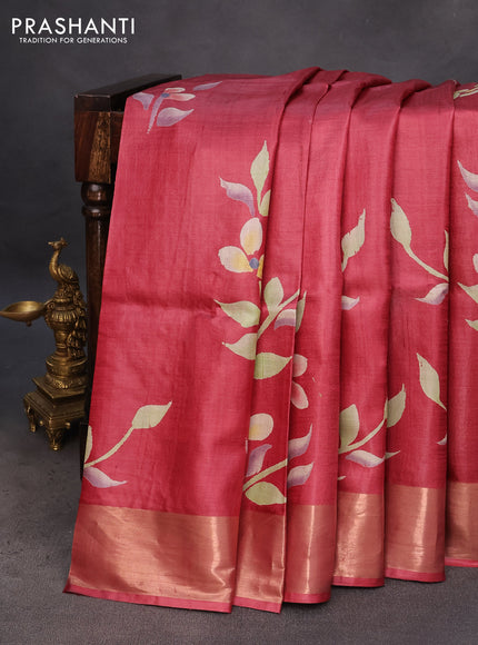 Pure tussar silk saree maroon with hand painted floral prints and zari woven border