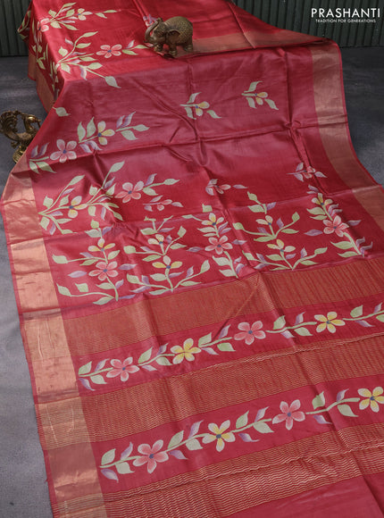 Pure tussar silk saree maroon with hand painted floral prints and zari woven border