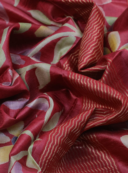 Pure tussar silk saree maroon with hand painted floral prints and zari woven border