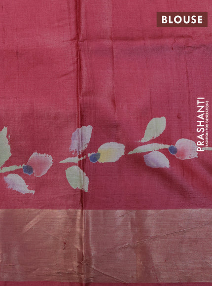 Pure tussar silk saree maroon with hand painted floral prints and zari woven border