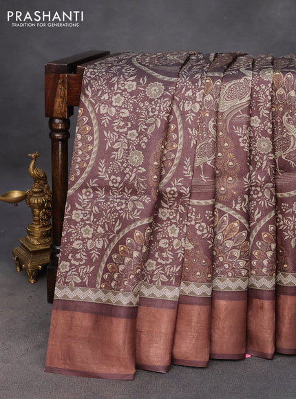 Pure tussar silk saree brown with allover prints and zari woven border